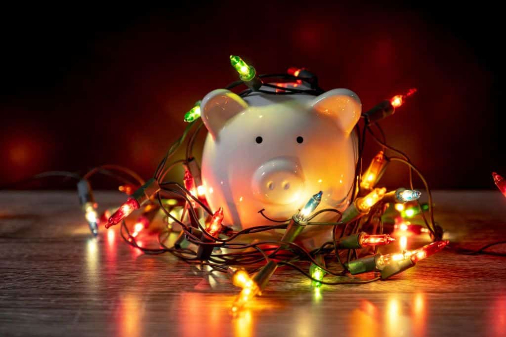 Savings Piggy Bank in Christmas lights